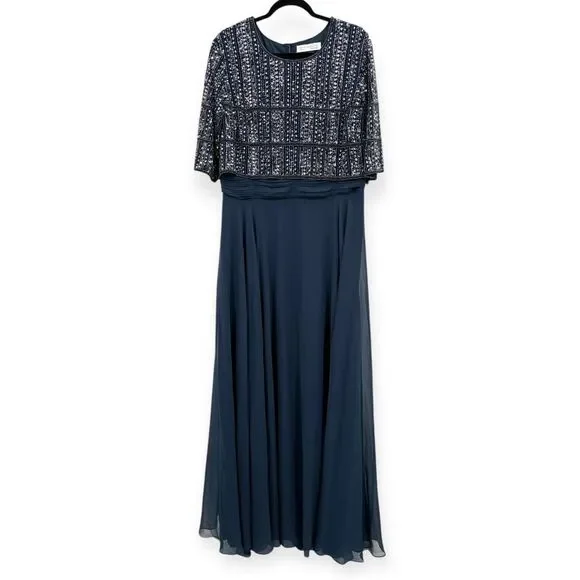 Mac Duggal NEW Chiffon Gown w/ Fully Beaded 3/4 Sleeve Top Navy $598 - Size 18 - Picture 3 of 13